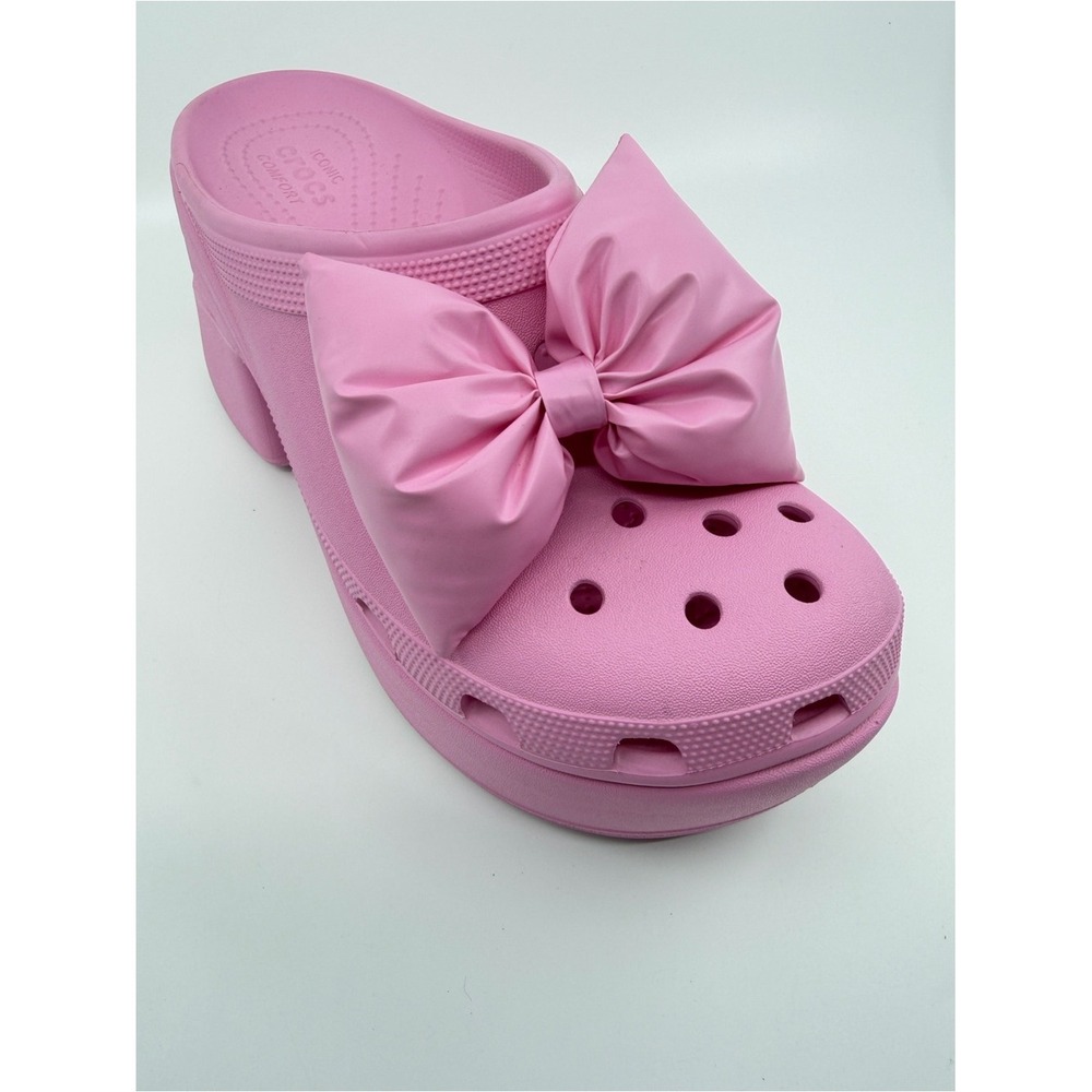 Crocs Siren Clog Women Size 11 Pink Puffy Bow Platform Heel Slip On Shoes - Picture 9 of 12